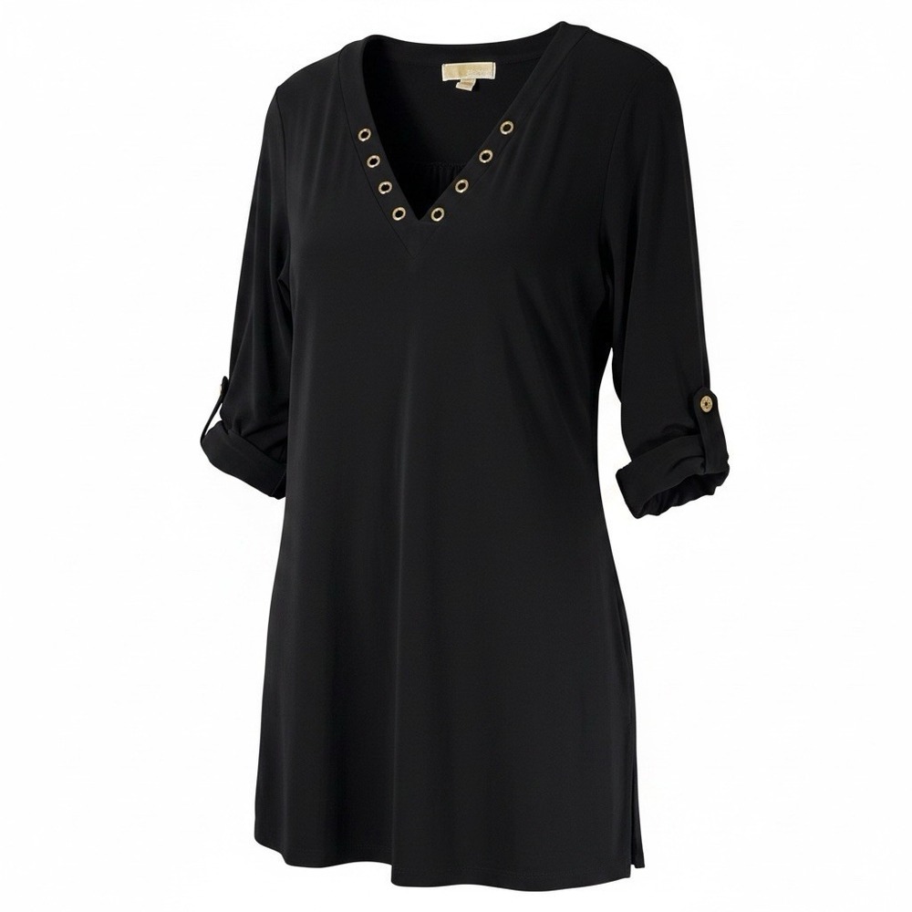 Michael Kors Tunic Dress Women Sz XL Black V-Neck Roll Tab Sleeve Gold Grommets